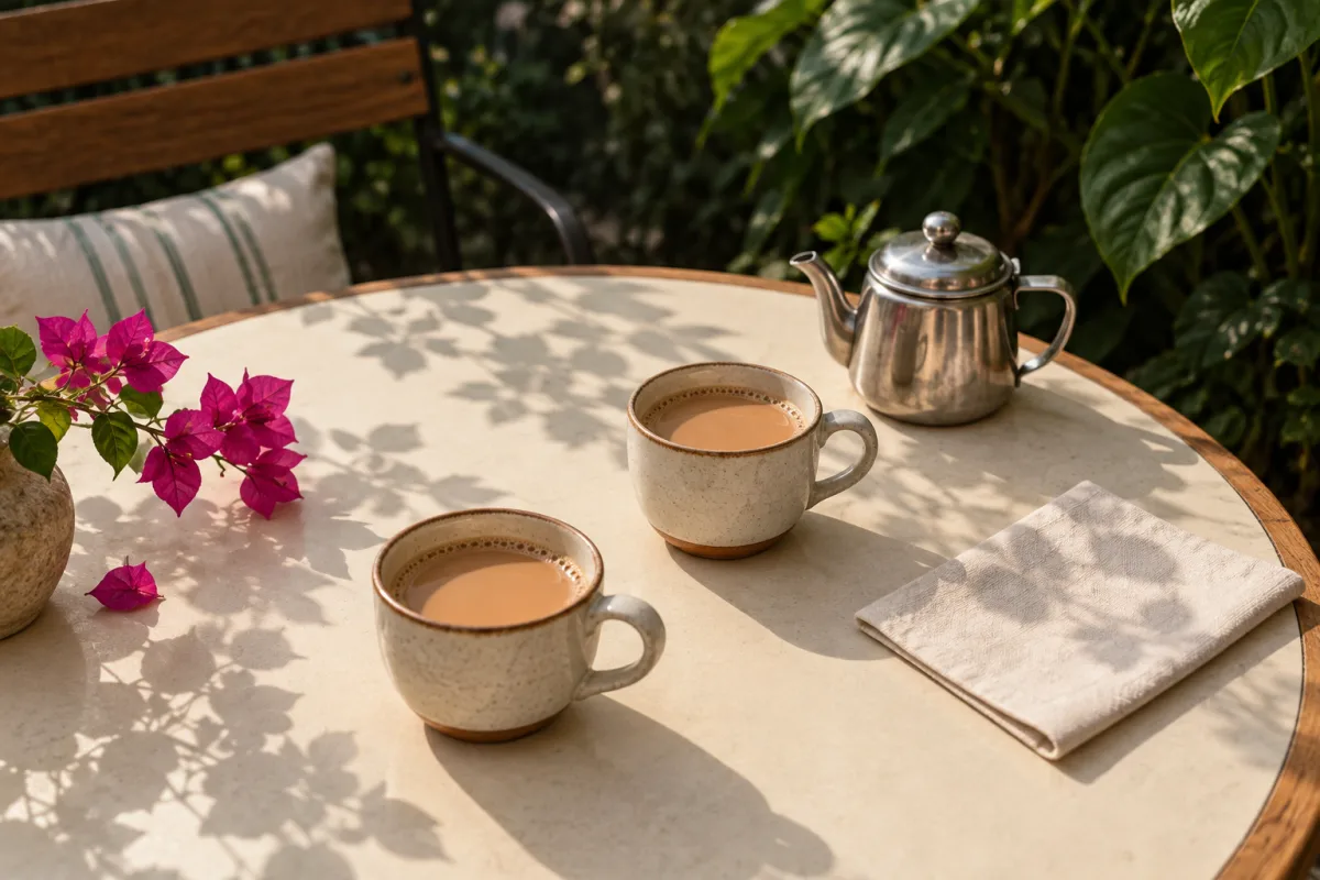 Illustration of two cups of chai on a quiet café table