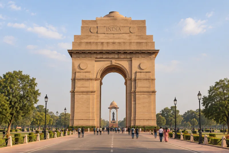 Illustration of India Gate and its landscaped approach in New Delhi