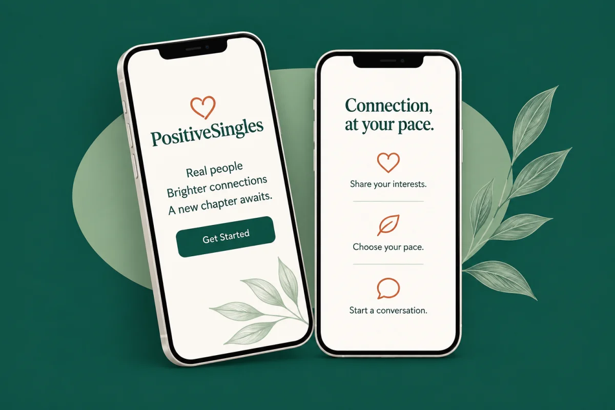 Two illustrative PositiveSingles phone screens about sharing interests, choosing your pace and starting a conversation