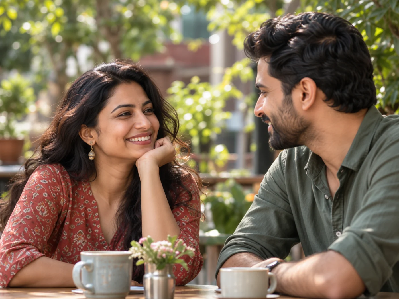 Illustration of a woman in a red floral kurta and a man smiling across an outdoor café table
