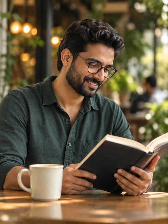 A man with glasses reading a book at a café