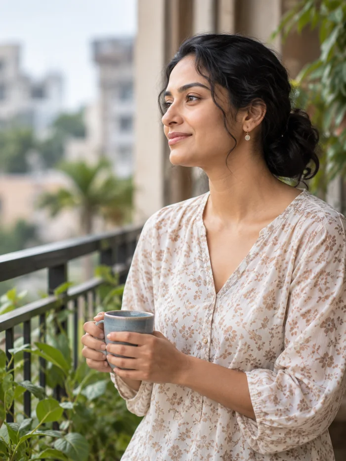 A woman enjoying a quiet moment with a mug on her balcony
